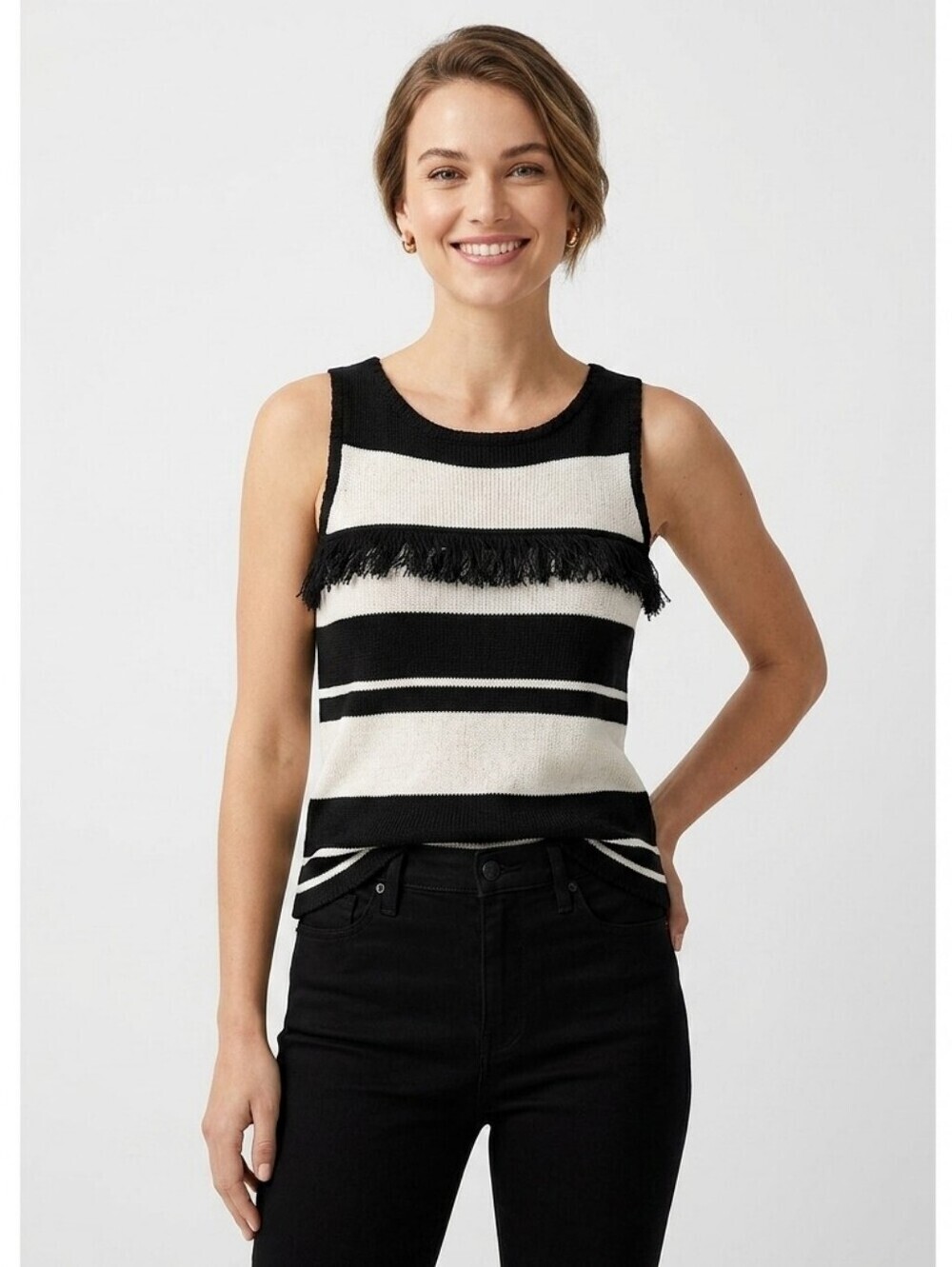 NWT BB Dakota Black and Off-White Knit Tank Top With Fringe Size Small